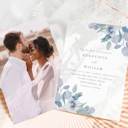 Carte Chic Airy Blue Floral Bouquet Photo Mariage