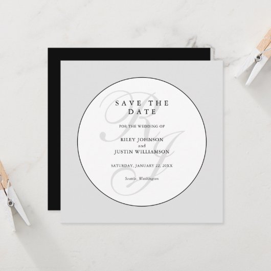 Carte Chic Black and White Monogram Save the Date (Devant/Arrière en situation)