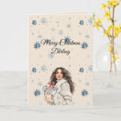 Carte Chic Blue Snowflakes Brown Hair Female (Fleur jaune)
