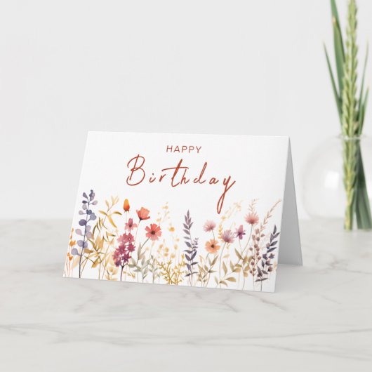 Carte Chic Boho thème Fleur sauvage Joyeux script d'anni (Devant)