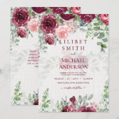 Carte Chic Bourgogne Blush Rose Floral Mariage (Devant / Derrière)