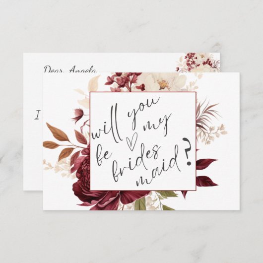 Carte Chic Burgundy Flowers Bridesmaid (Devant / Derrière)