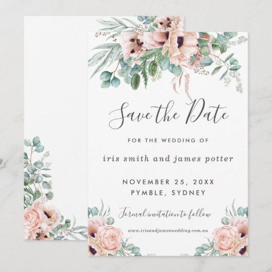 Carte Chic de Faire-Part Rose Pâle Floral et Feuil (Devant / Derrière)