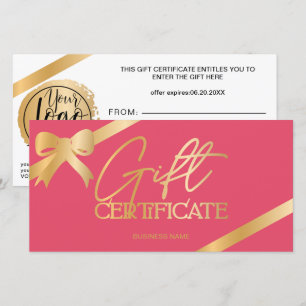 Carte Chic feuille d'or ruban rose logo certificat cadea
