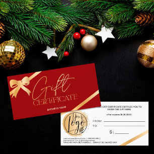 Carte Chic feuille d'or ruban rouge logo cadeau certific