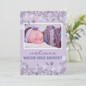 Carte Chic Floral Purple Faire-part de naissance (Debout devant)