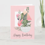 Carte Chic Funny Flamant rose rose tropical Anniversaire<br><div class="desc">Élégante unique et pleine d'esprit, cette carte d'anniversaire tropicale pour elle présente un flamant rose gracieux arrangé dans un collage tropical aux formes géométriques superposées et au feuillage tropical. Le texte Happy Birthday est écrit dans un joli style manuscrit. Le texte de la carte intérieure peut être conservé "tel quel",...</div>