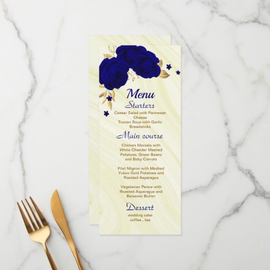 carte chic mariage à fleurs d'or bleu royal (Devant/Arrière en situation)