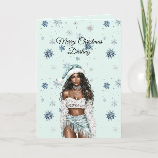 Carte Chic Mint Blue Snowflakes Black Hair Female (Devant)