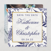 Carte Chic Navy Blue Gold Botanical Enregistrer la date  (Devant / Derrière)