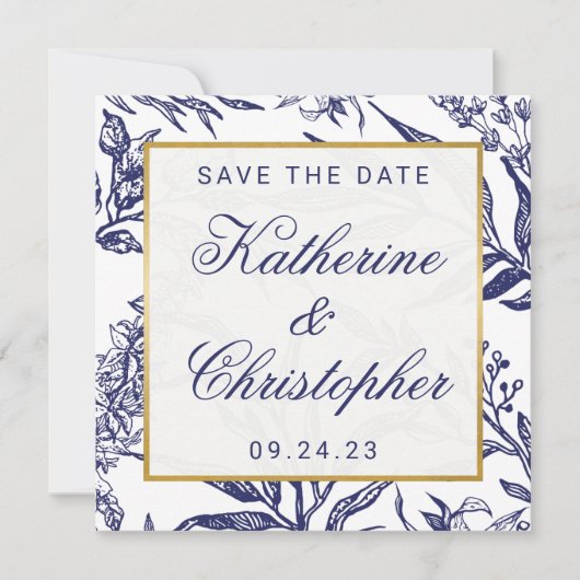 Carte Chic Navy Blue Gold Botanical Enregistrer la date  (Devant)