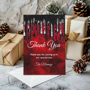 Carte Chic noir et rouge et argent gouttes merci