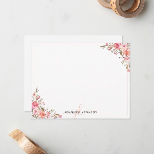 Carte Chic Peach Watercolor Florale Note (Devant/Arrière en situation)