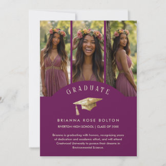 Carte Chic Plum Graduate Collage 3-Photo Graduation Cap