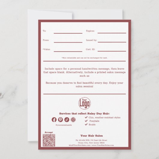 Carte Chic QR Code Services Note Avril Certificat Cadeau (Dos)