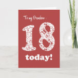 Carte Chic Red, White 18th Birthday for Grandson<br><div class="desc">Une carte d'anniversaire chic Deep Red Eighen Card pour un petit-fils,  avec le numéro 18 en blanc,  remplie d'un motif du numéro '18's en Deep Red ; d'un design numérique de Judy Adamson. Vous pouvez modifier le message intérieur si vous le souhaitez.</div>