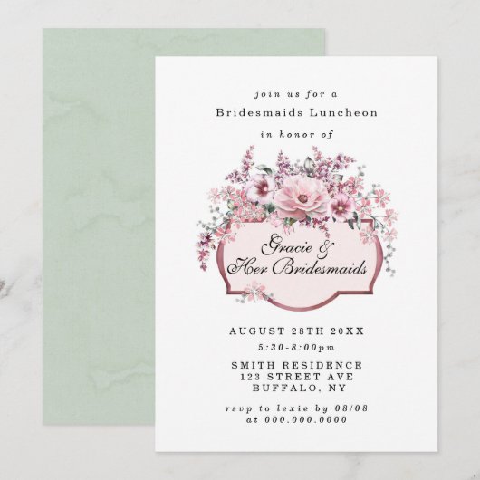Carte Chic Rose Gold Floral Bridesmaids Luncheon Invitat (Devant / Derrière)