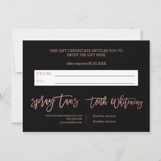 Carte Chic rose or noir script spray certificat cadeau (Dos)