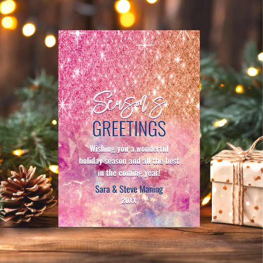 Carte Chic rose or rose parties scintillant Noël nouvel