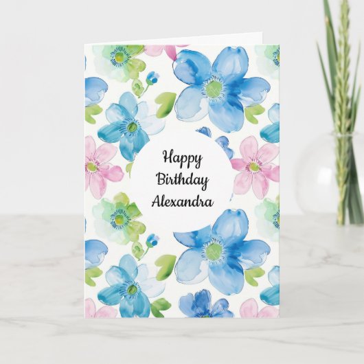 Carte Chic Rose Vert Bleu Floral Anniversaire (Devant)