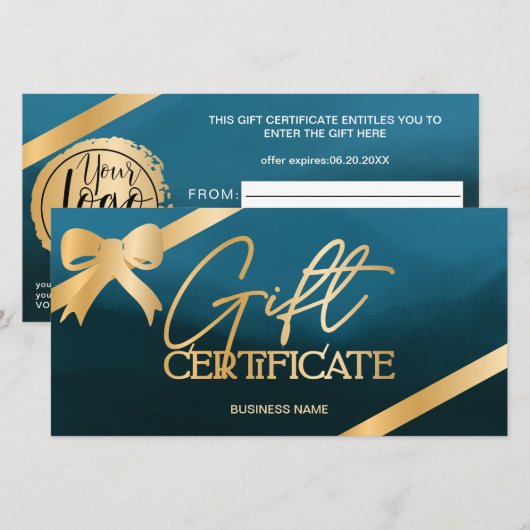 Carte Chic ruban de feuille d'or bleu logo certificat ca (Devant / Derrière)