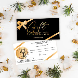Carte Chic ruban de feuille d'or noir logo cadeau certif