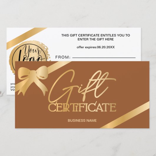 Carte Chic ruban en feuille d'or logo boho certificat ca (Devant / Derrière)