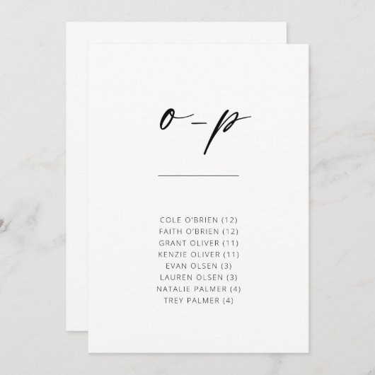 Carte Chic Simple Moderne Script Alphabétique Siège O-P (Devant / Derrière)