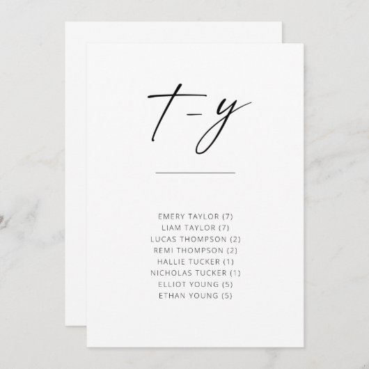 Carte Chic Simple Moderne Script Alphabétique Siège T-Y (Devant / Derrière)