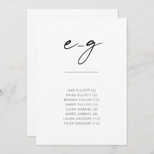 Carte Chic Simple Moderne Script Siège Alphabétique E-G (Devant / Derrière)
