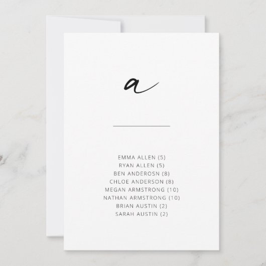 Carte Chic + Simple Script Moderne Siège Alphabétique A (Devant)