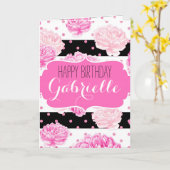 Carte Chic Stripes Rose Floral Aquarelle Joyeux Annivers (Fleur jaune)