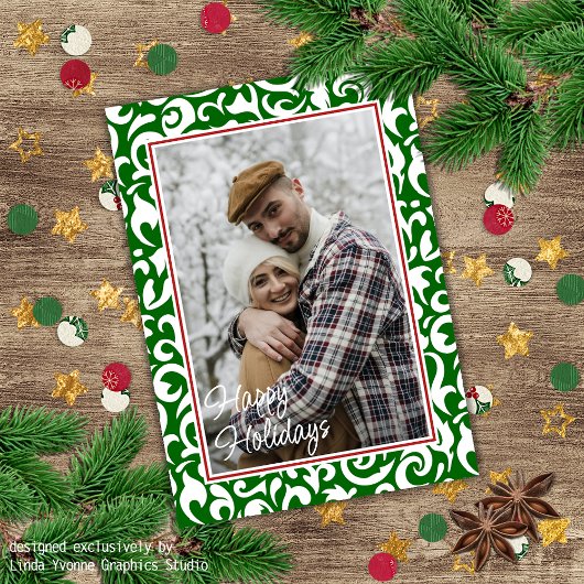 Carte Chic Vert foncé blanc Damas Floral Art Motif