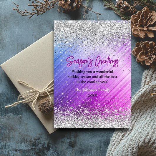 Carte Chic violet faux argent parties scintillant Noël n