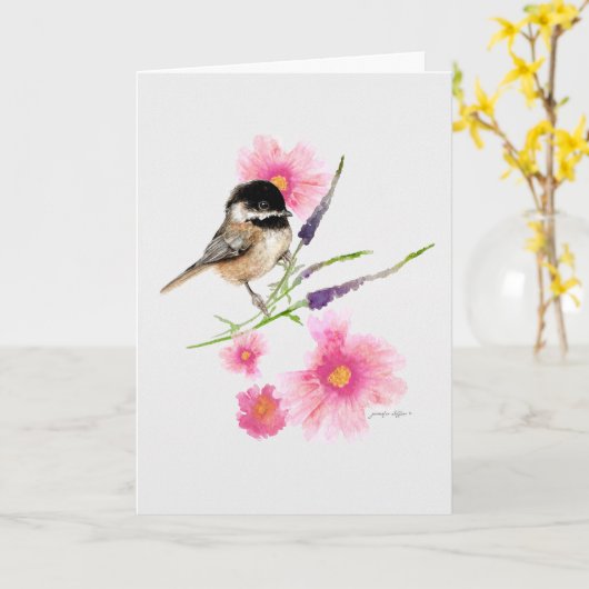 Carte Chickadee Black Capped Aquarelle Art (Fleur jaune)