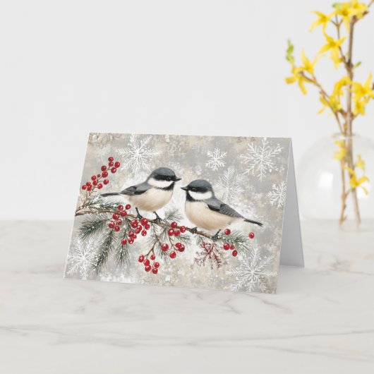 Carte Chickadee neige sur À feuillage persistant avec ba (Fleur jaune)