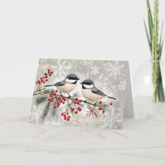 Carte Chickadee neige sur À feuillage persistant avec ba (Devant)