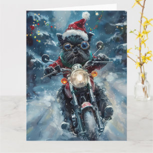 Carte Chien Affenpinscher à cheval sur une moto de Noël