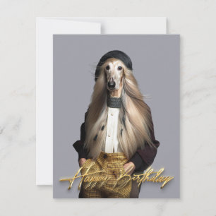 Carte Chien afghan cheveux blonds en pantalon Joyeux ann