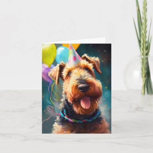 Carte Chien Airedale avec casquette d'anniversaire et ba (Devant)