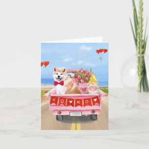 Carte Chien Akita Camion de la Saint-Valentin Cœurs