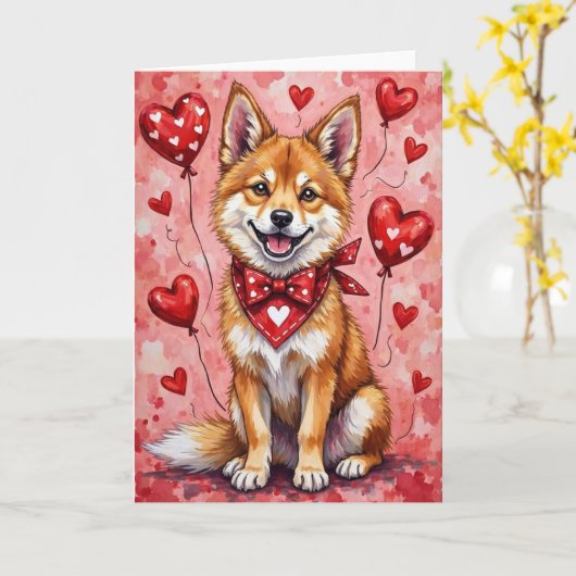 Carte Chien Akita de la Saint-Valentin avec coeurs rouge (Fleur jaune)