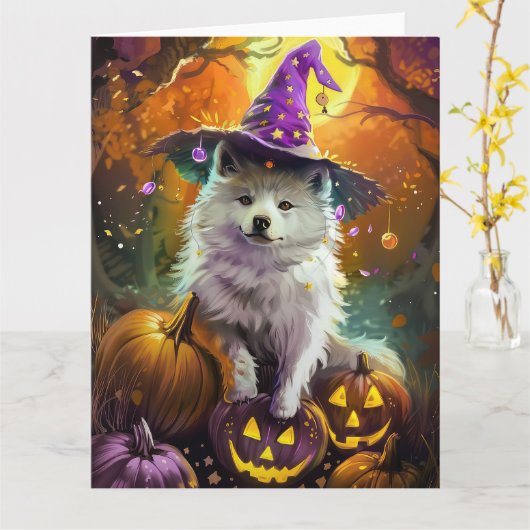 Carte Chien américain eskimo effrayant sorcière d'Hallow (Fleur jaune)