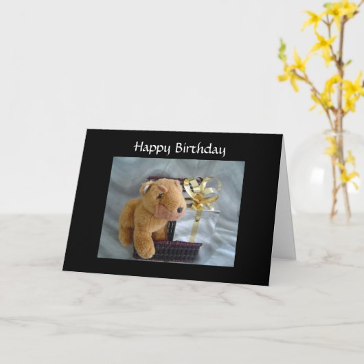 Carte Chien avec cadeau (Fleur jaune)