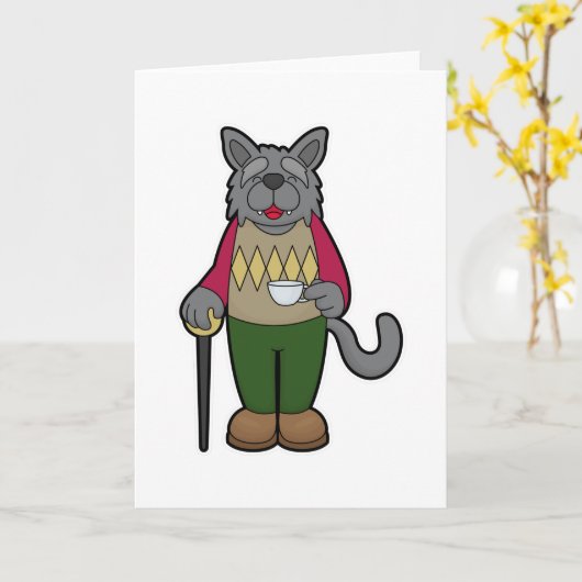 Carte Chien avec une tasse de café (Fleur jaune)