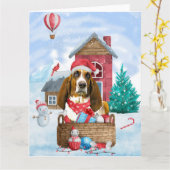 Carte Chien Basset Hound dans la maison de chien de Noël (Fleur jaune)