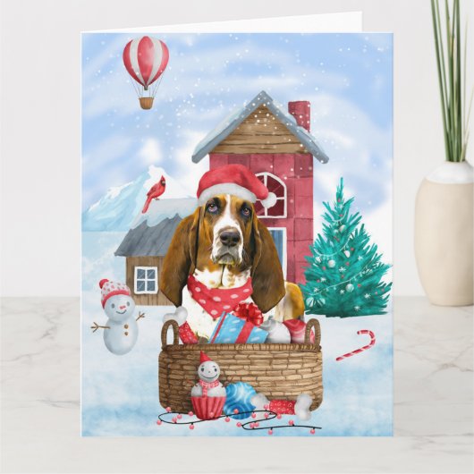 Carte Chien Basset Hound dans la maison de chien de Noël (Devant)
