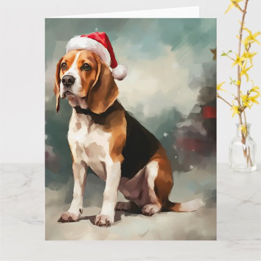 Carte Chien beagle à Noël de neige (Fleur jaune)