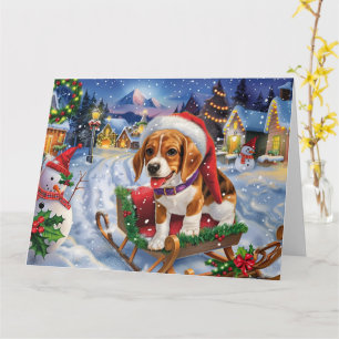 Carte Chien beagle à Sleigh neige Noël