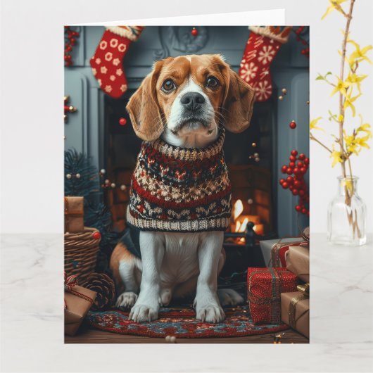 Carte Chien Beagle avec des cadeaux de Noël Cheminée (Fleur jaune)